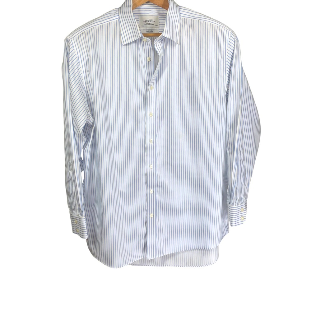 Charles Tyrwhitt Mens Blue White Striped Non Iron Dress Shirt 17.5 35 44 89cm